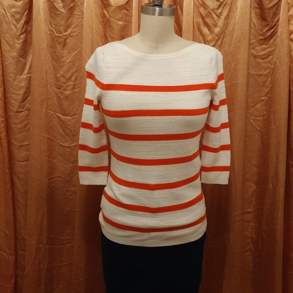LOFT White & Orange Striped Sweater XS